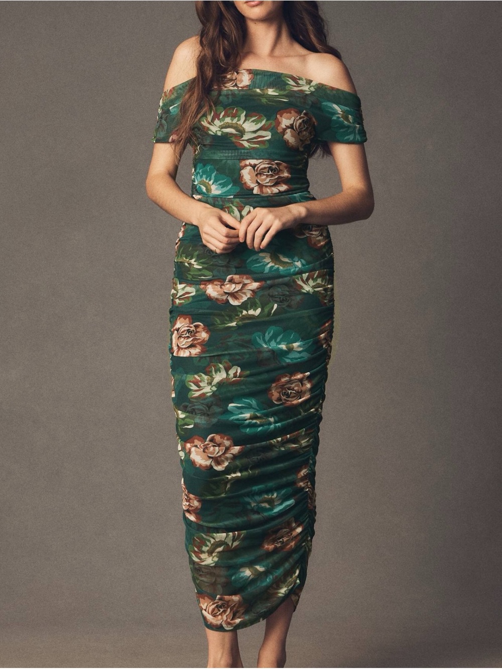 NWOT Anthropologie Large BHLDN Off-Shoulder Green Floral Mesh Ruched Midi Dress